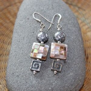 Abalone Inlay and Silver Tone Beaded Earrings, SS Ear Wires